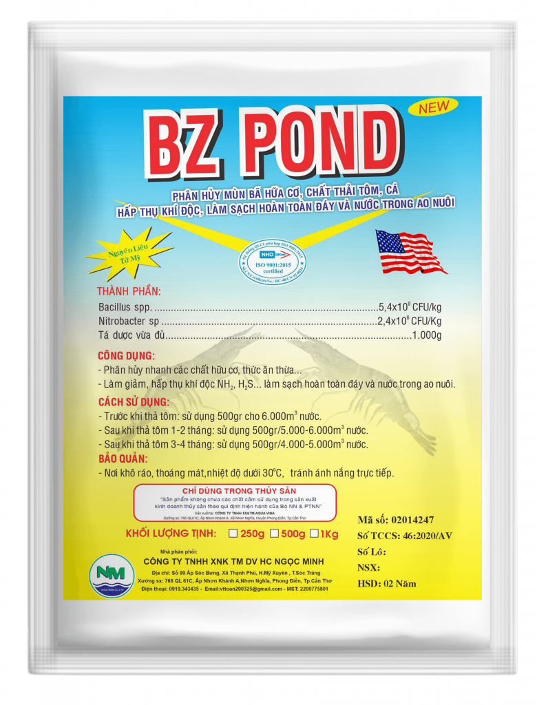 BZ POND (tôm) – Phân hủy mùn bã hữu cơ, chất thải tôm, cá hấp tụ khí độc, làm sạch hoàn toàn đáy và nước trong ao nuôi